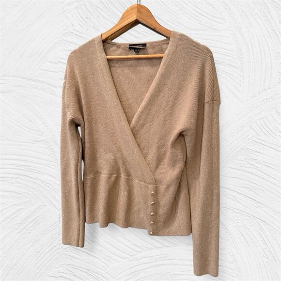 Calligraphie Gold Shimmer Wrap Sweater V-Neck Button Detail Metallic Knit Top L - Picture 1 of 7